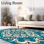 Ornate Teal Cream Scrollwork Pattern Rug