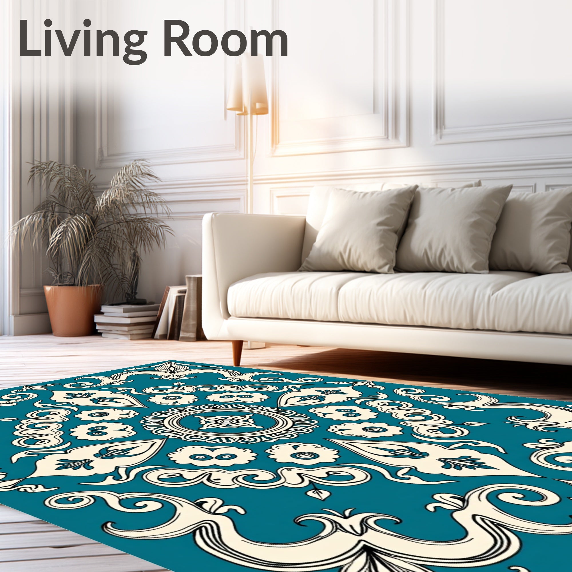 Ornate Teal Cream Scrollwork Pattern Rug