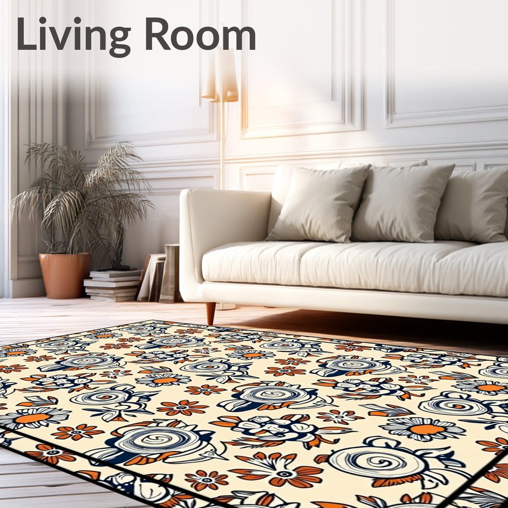 Mid Century Floral Swirl Pattern Rug
