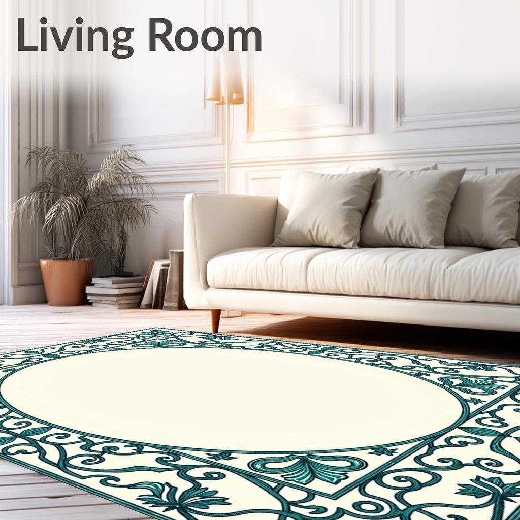 Elegant Teal Floral Scroll Frame Design Rug