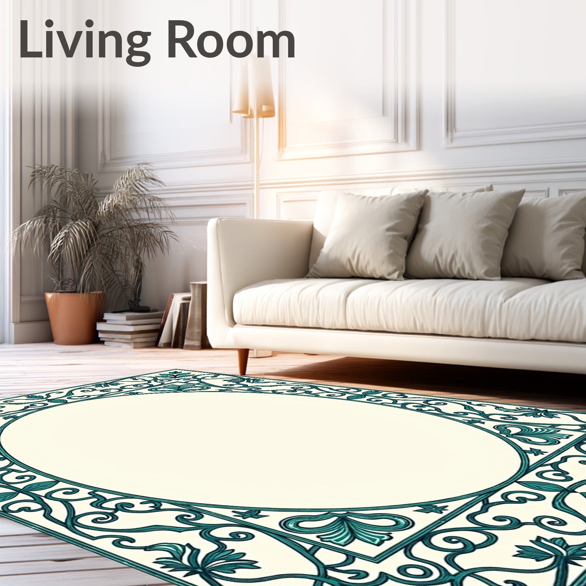 Elegant Teal Floral Scroll Frame Design Rug