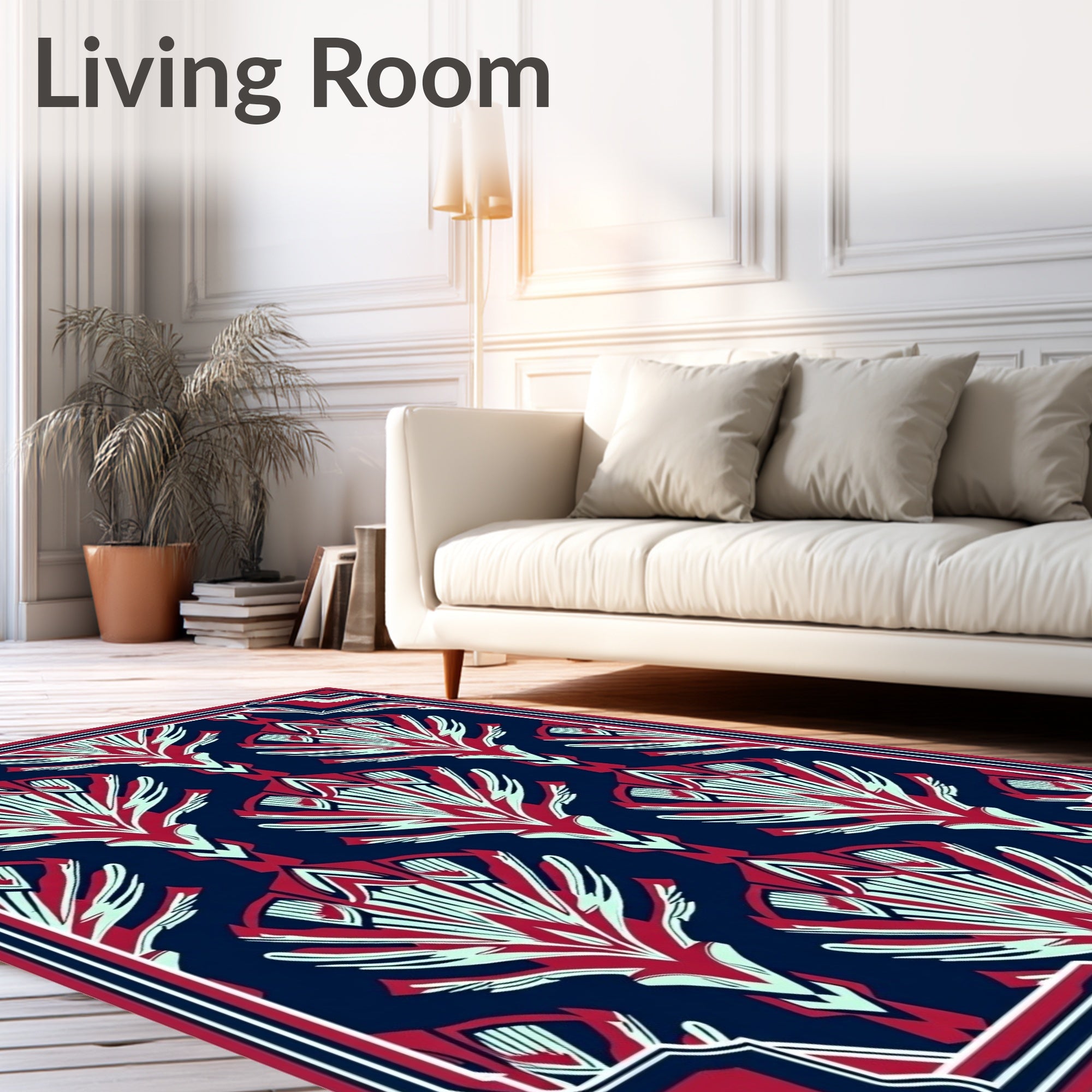 Decorative Fan Pattern Navy Red Rug