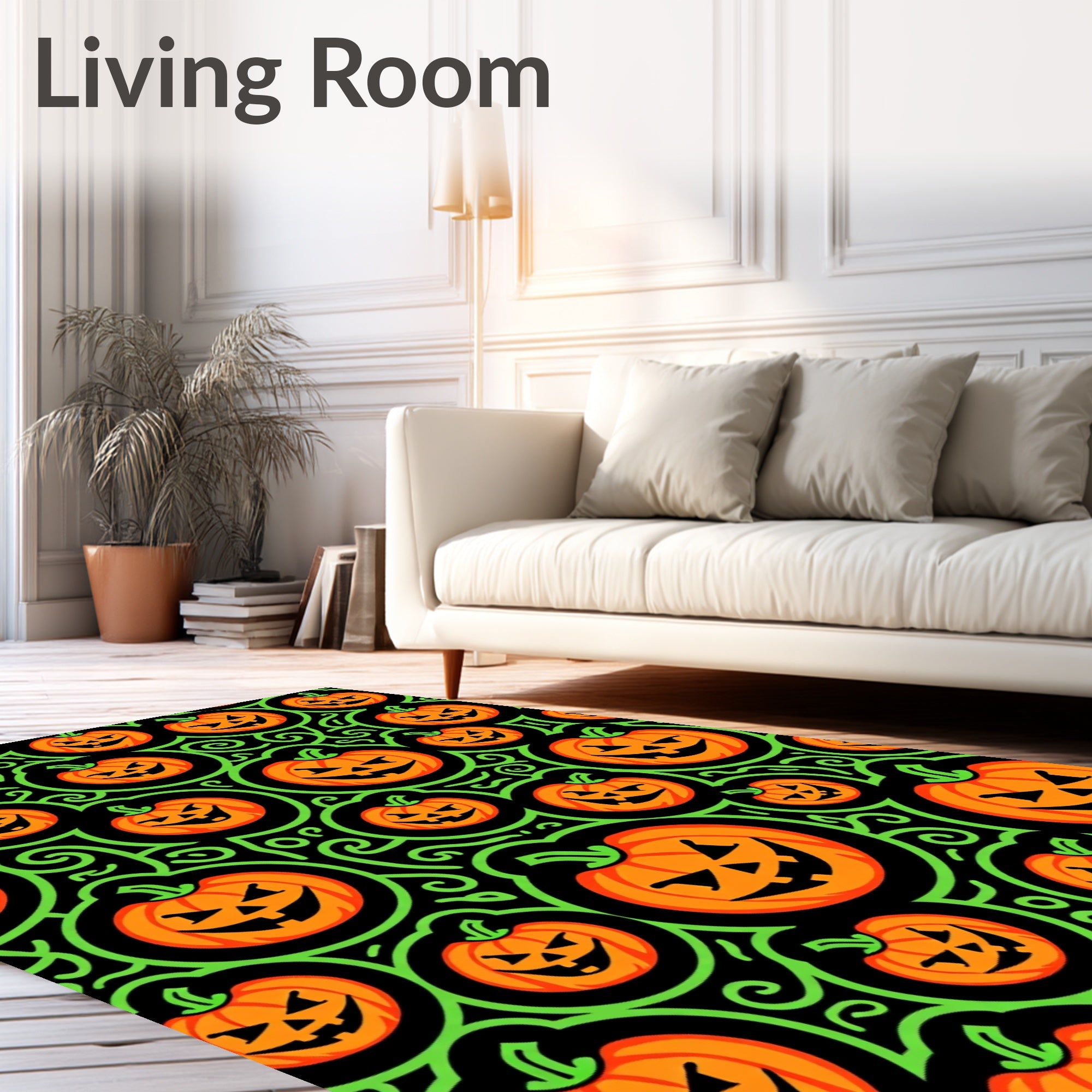 Orange Pumpkins Green Swirls Background Rug