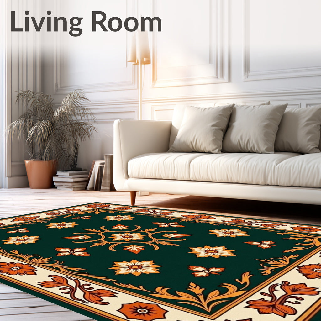 Ornate Dark Green Floral Pattern Rug