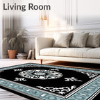 Black Floral Ornamentation With Light Blue Border Rug