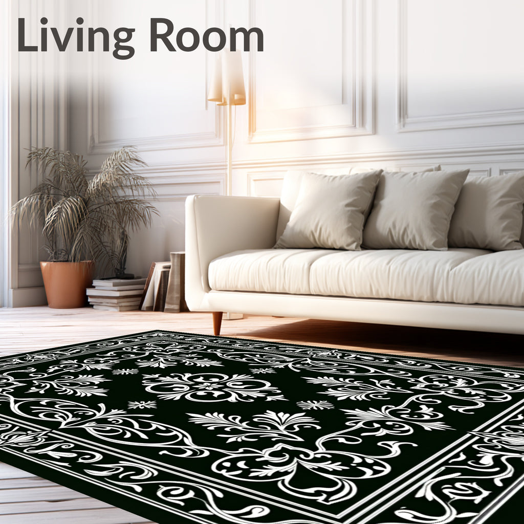 Elegant Black White Floral Scroll Rug