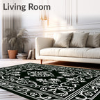 Elegant Black White Floral Scroll Rug