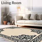 Ornate Black Floral Corner Border Design Rug