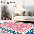 Pink With Blue Floral Scroll Border Rug