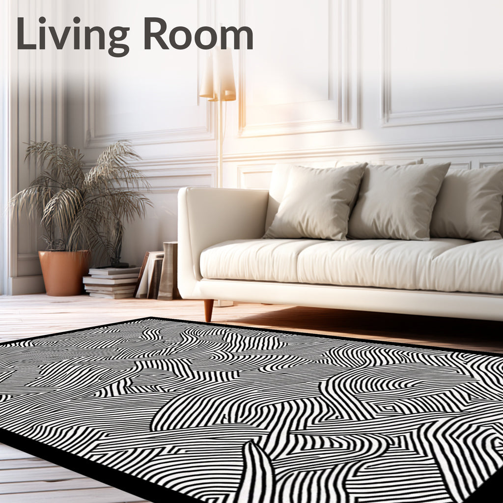 Graphic Black White Winding Lines Rug