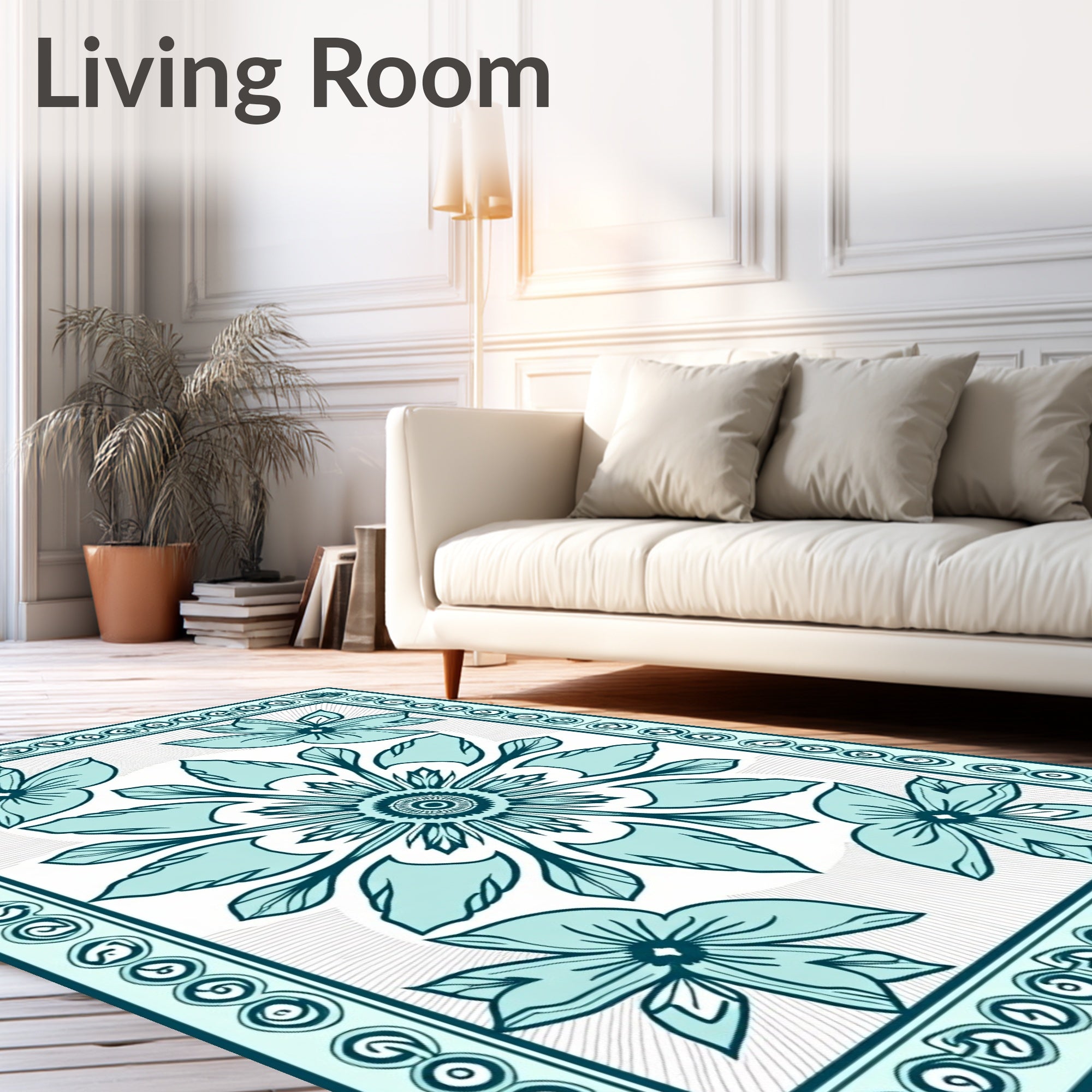 Teal Floral Mandala Border Design Rug