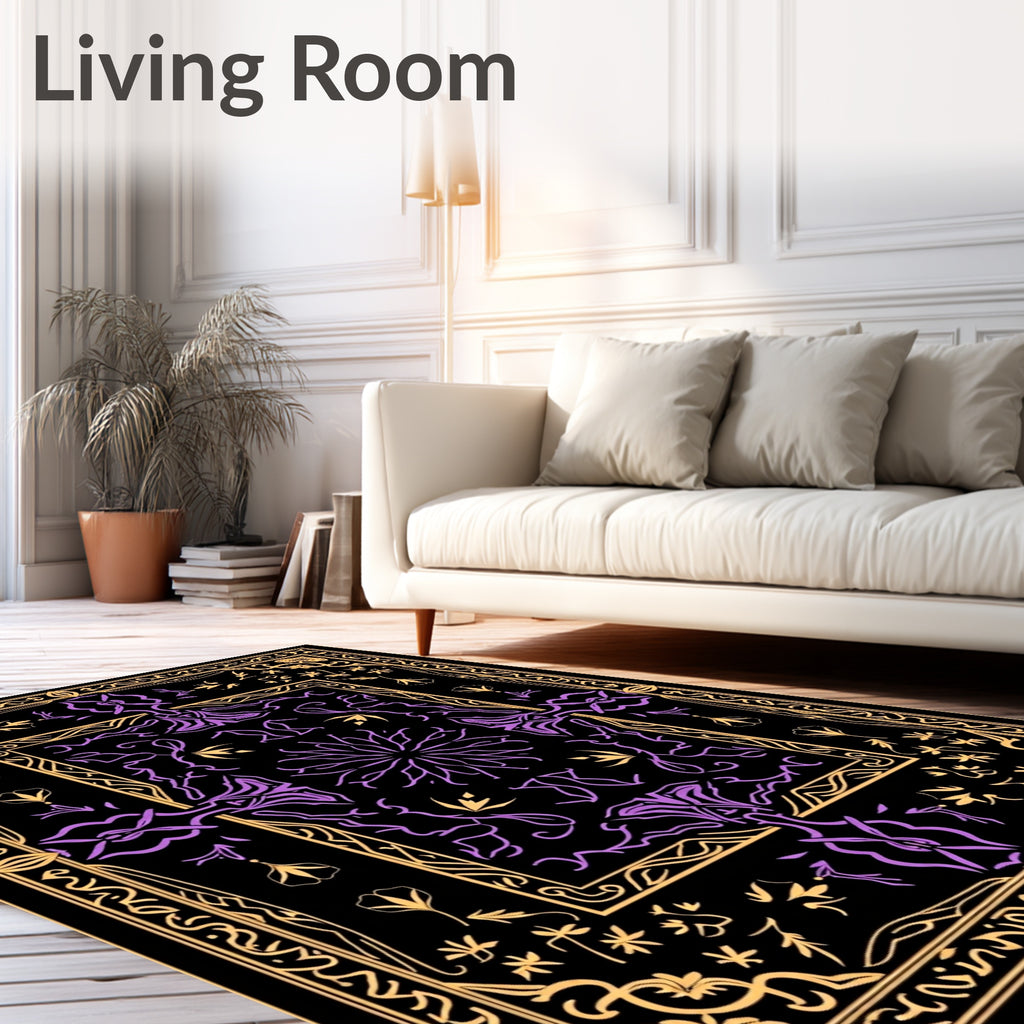 Ornate Black Purple Floral Medallion Rug