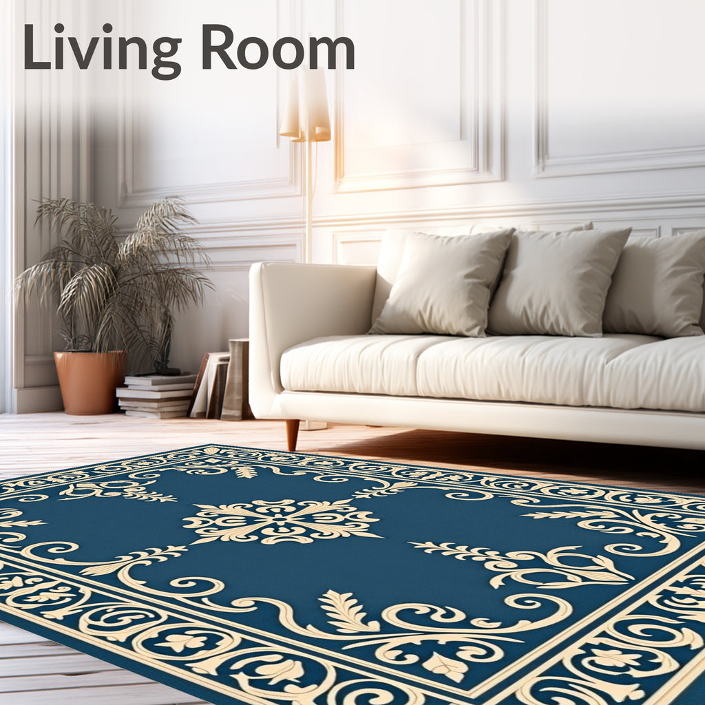 Elaborate Blue Cream Floral Border Rug
