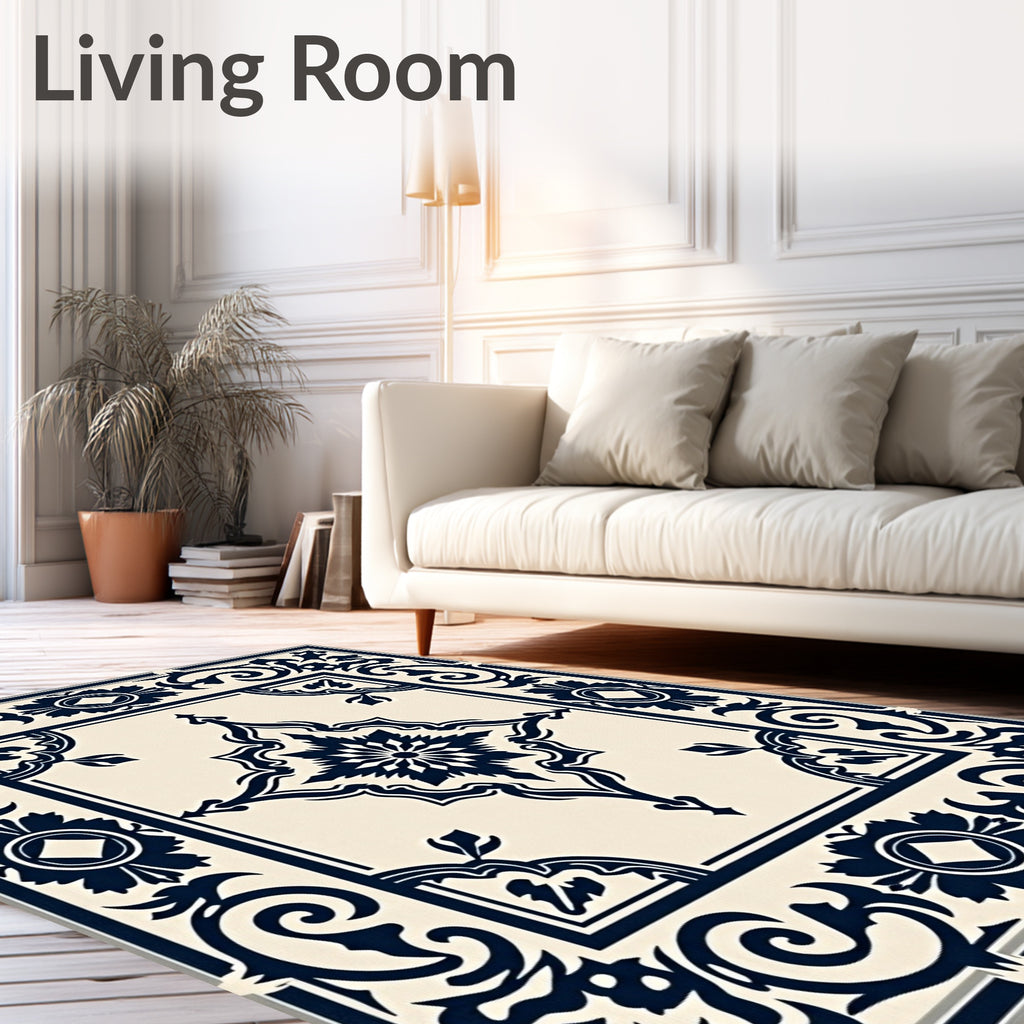Classic Navy Floral Medallion Patterned Rug