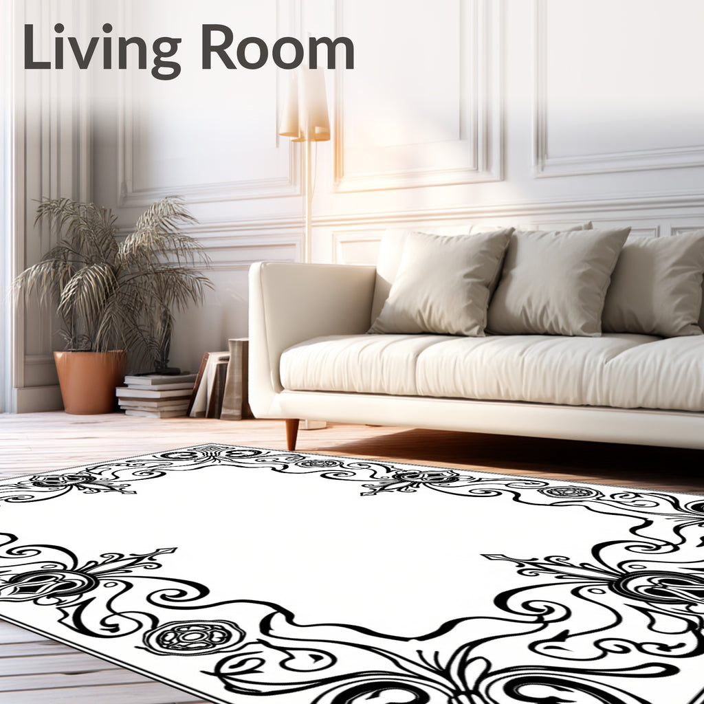 Ornate Black Swirl Corner Border Design Rug
