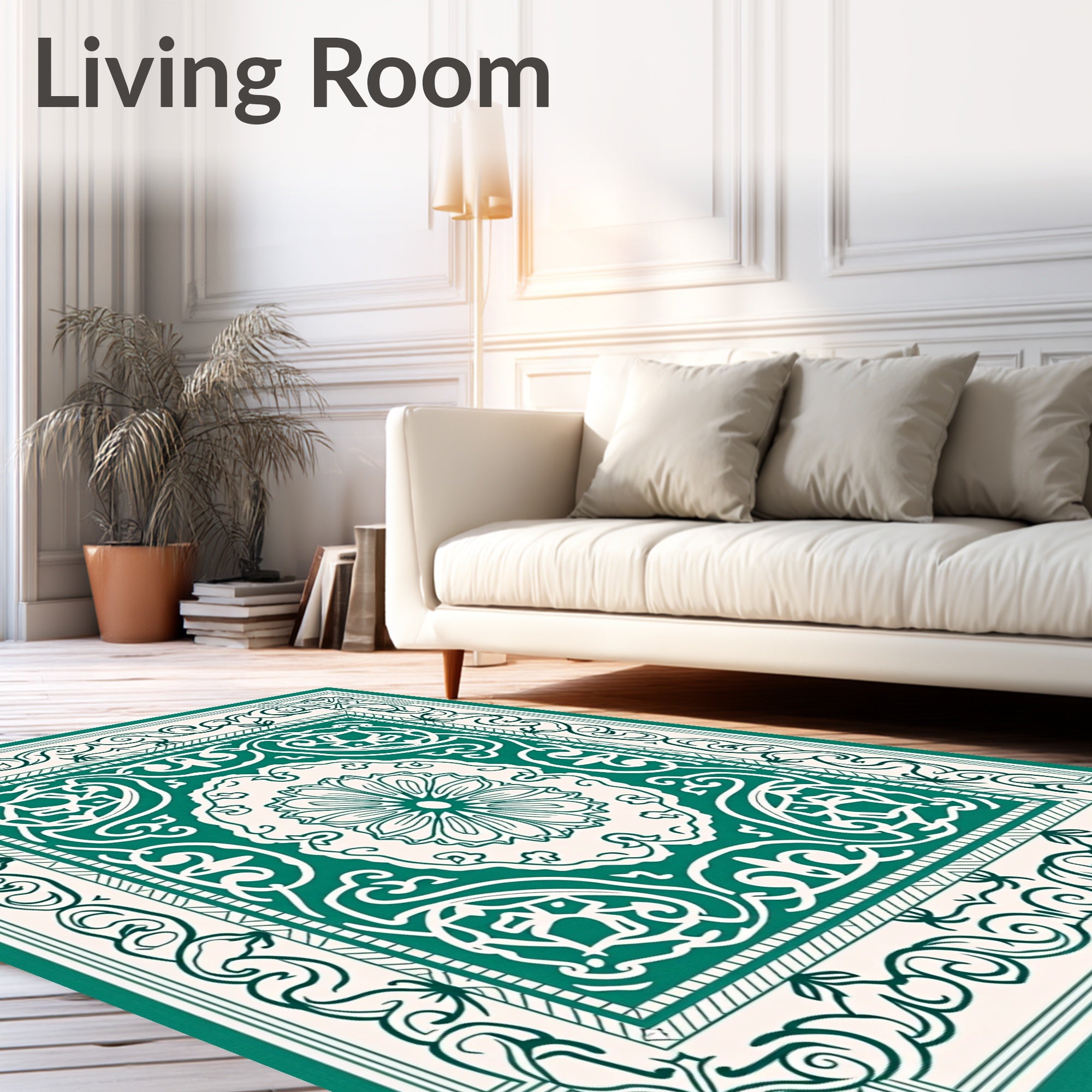 Green Floral Medallion Border Pattern Rug
