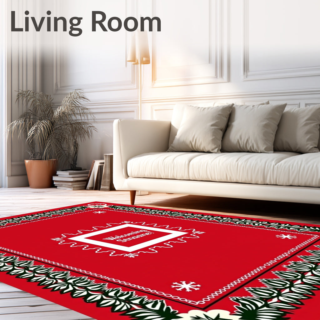 Crimson White Leaf Edged Floral Frame Rug