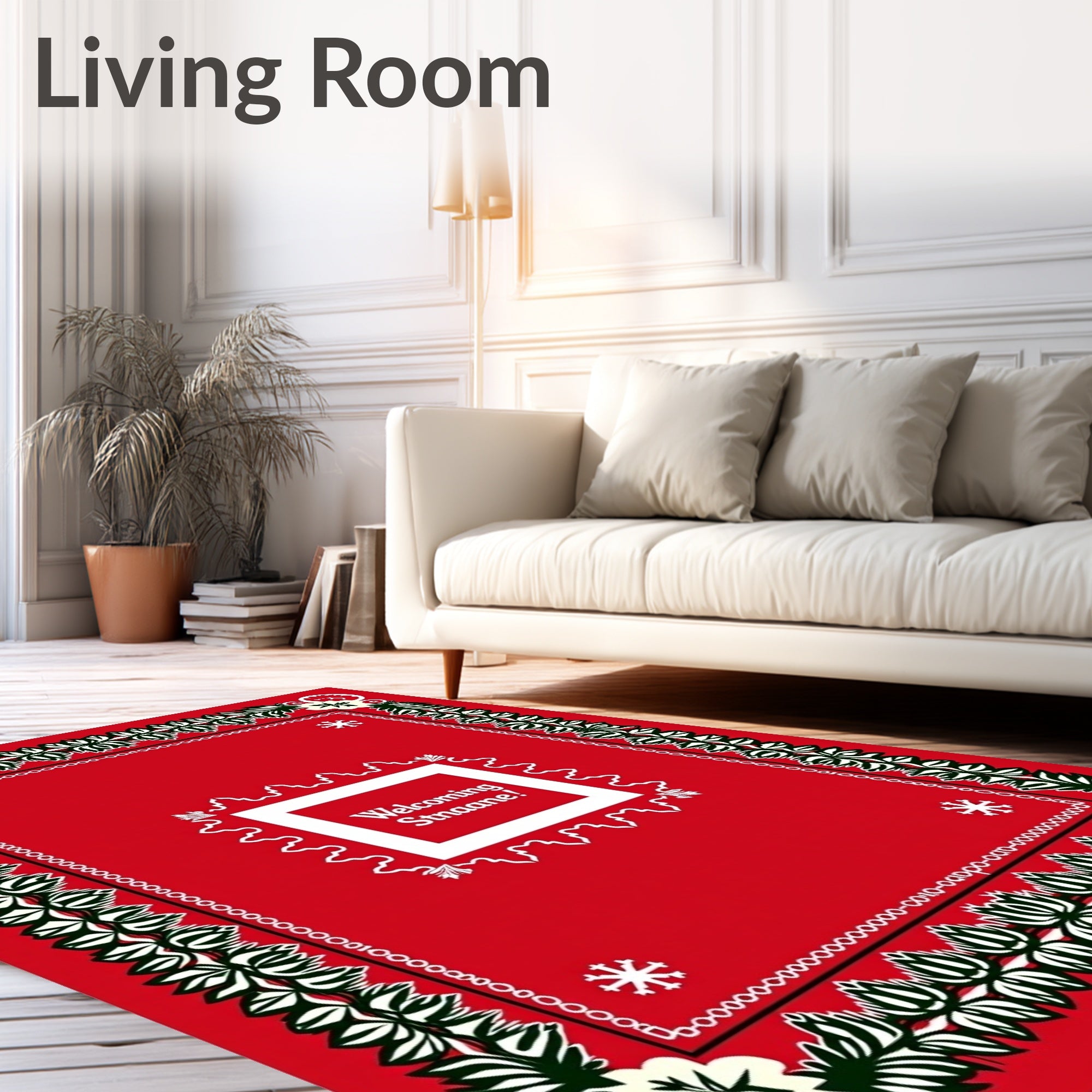 Crimson White Leaf Edged Floral Frame Rug