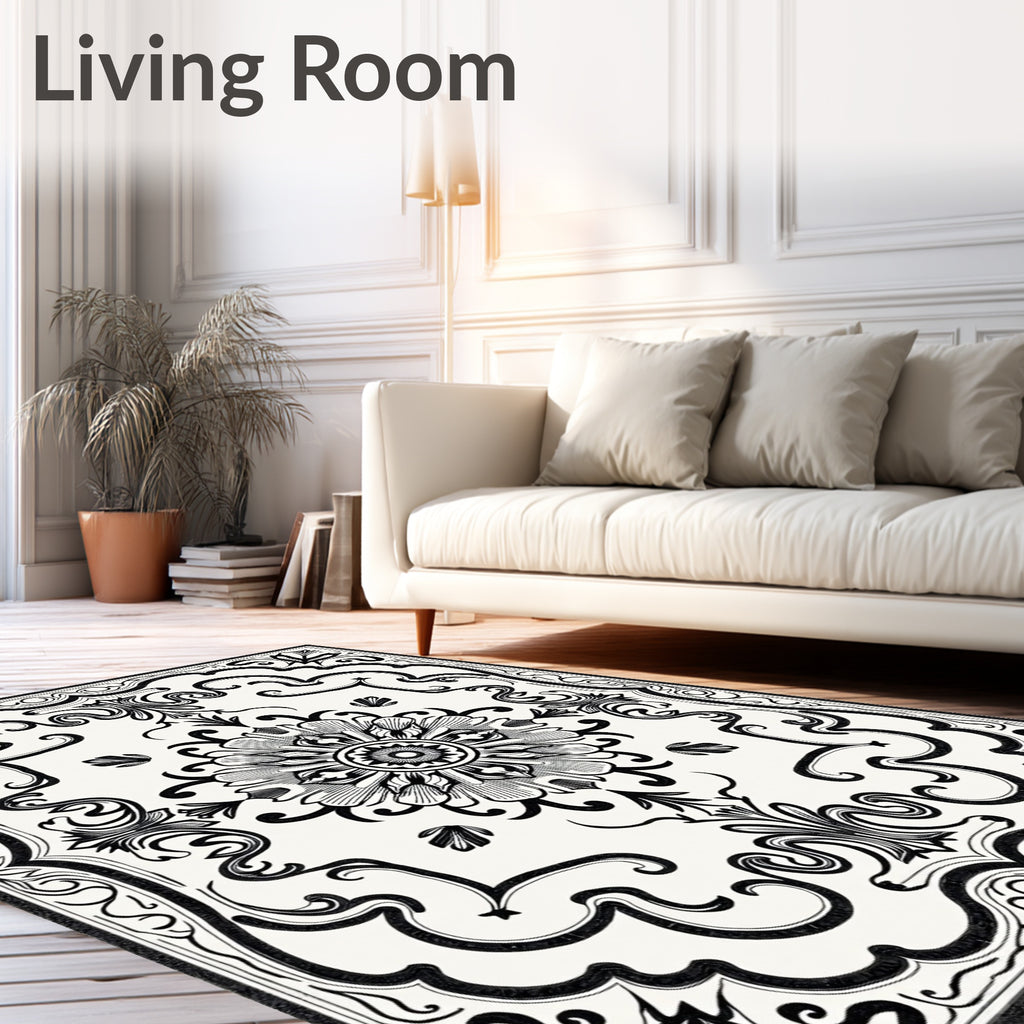 Classic Black White Floral Scroll Rug