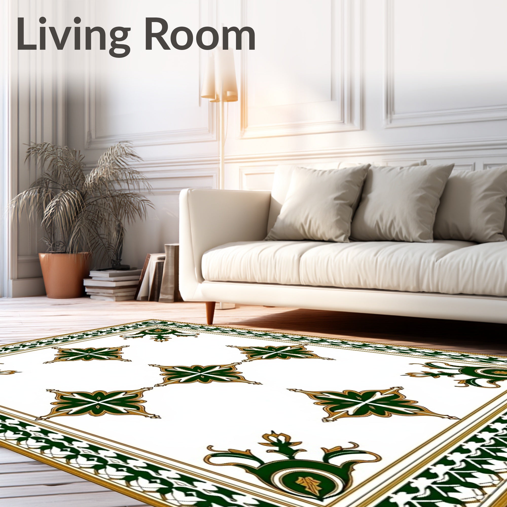 Elegant Green Gold Floral Medallion Design Rug