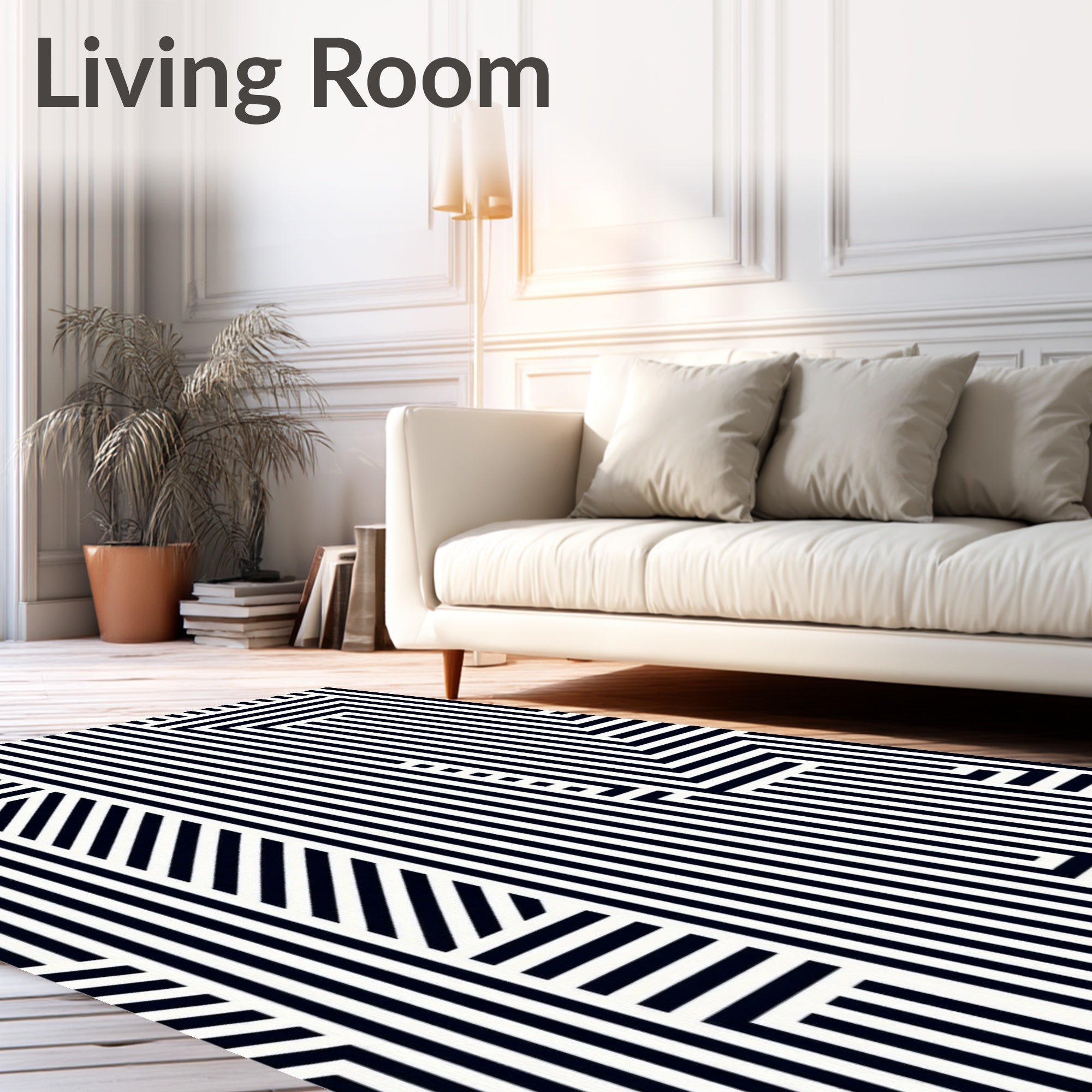 Modern Black White Geometric Stripe Rug