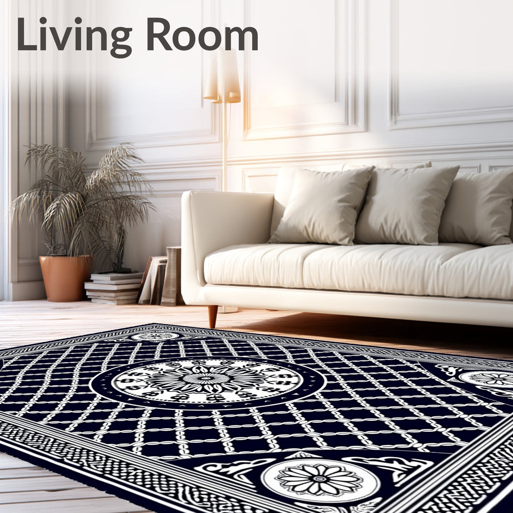 Traditional Navy White Geometric Mandala Pattern Rug