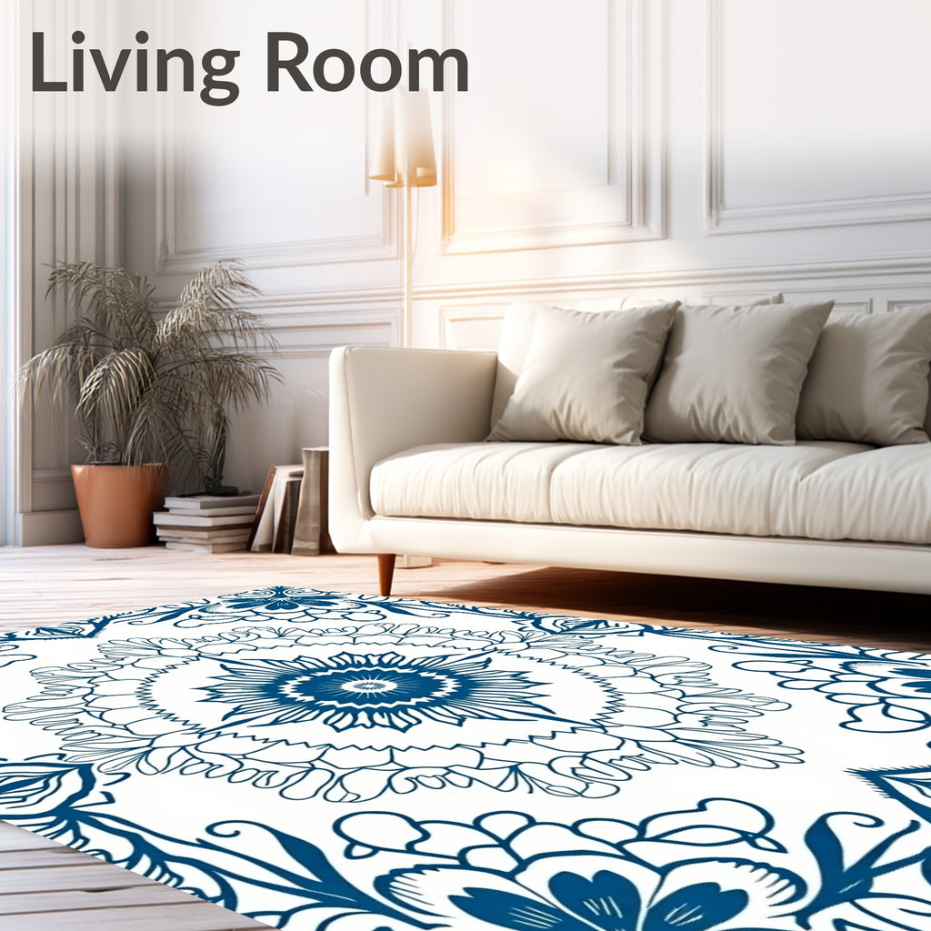 Intricate Blue Floral Mandala Design Rug