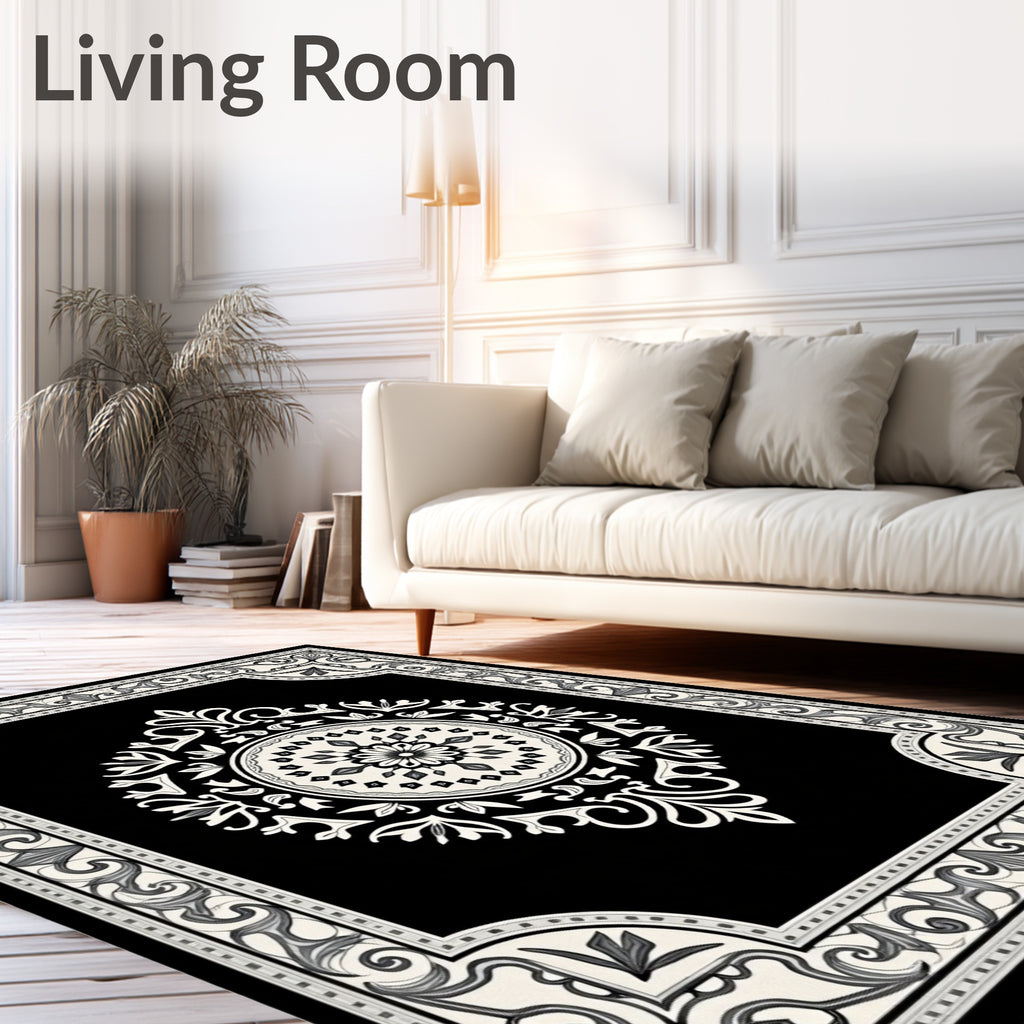Black White Floral Medallion Border Rug