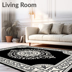Black White Floral Medallion Border Rug