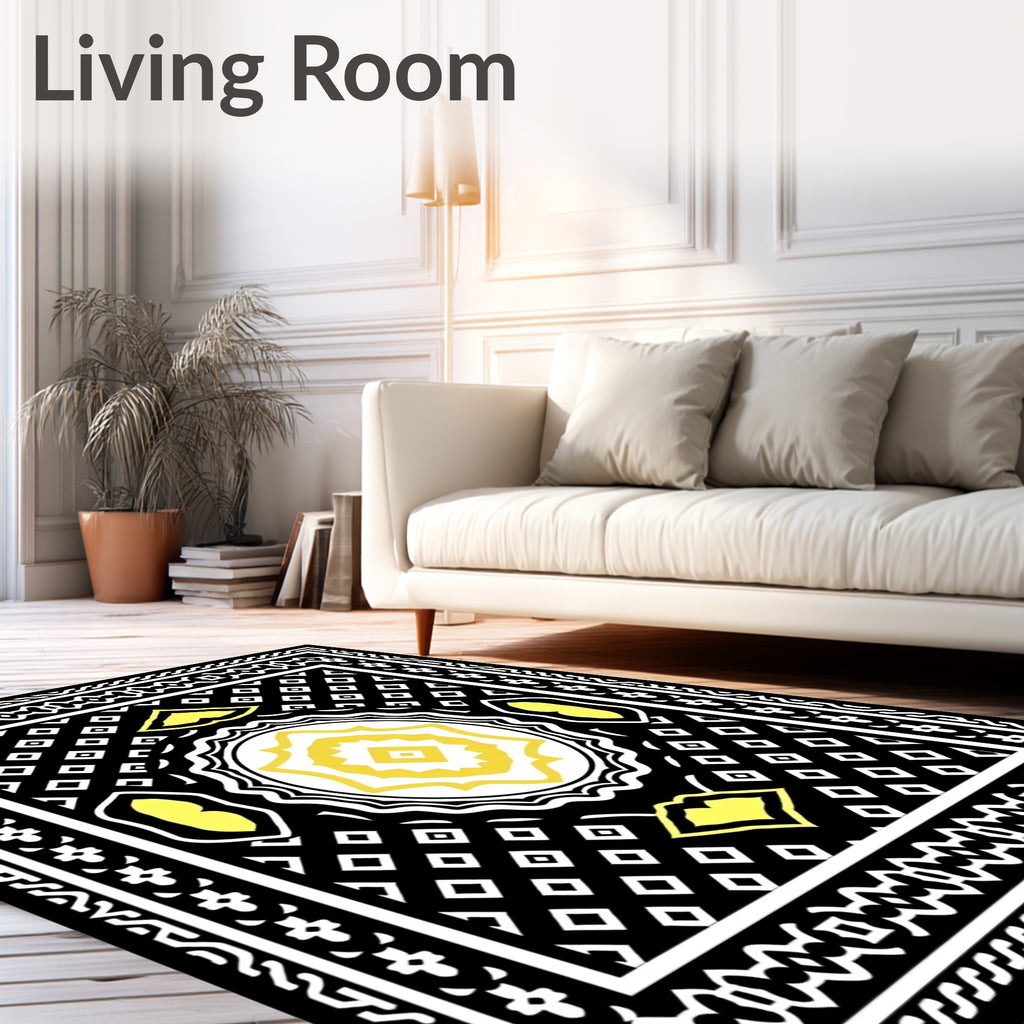 Black Yellow Geometric Diamond Medallion Rug