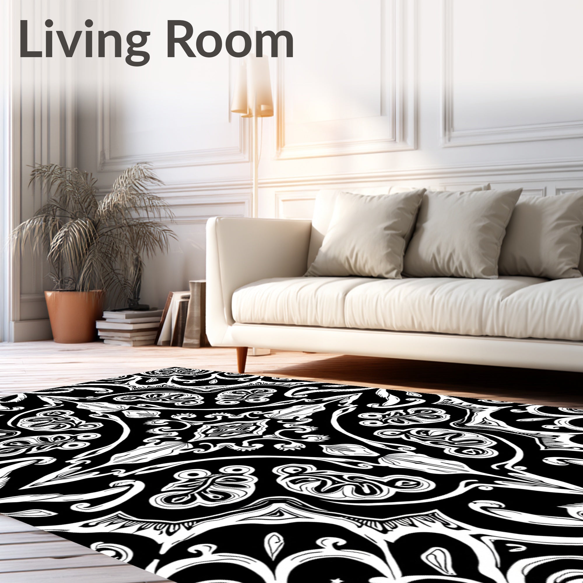 Bold Black White Floral Design Rug