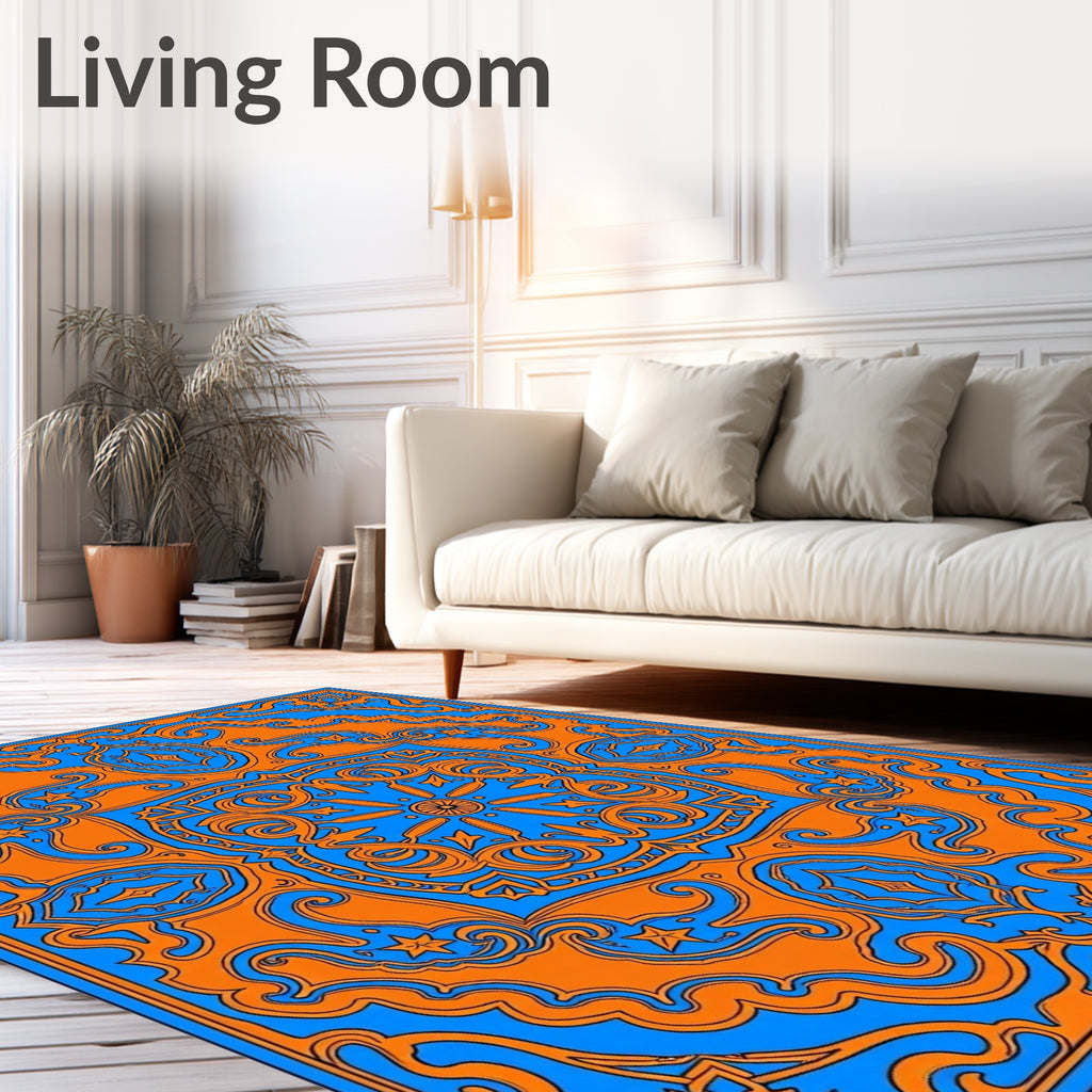 Vibrant Orange Blue Paisley Pattern Rug