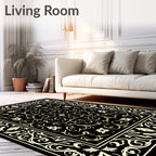 Black Cream Ornate Floral Pattern Rug