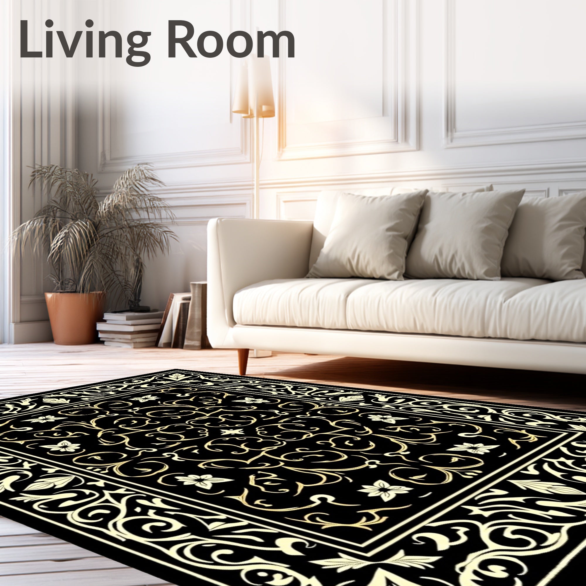 Black Cream Ornate Floral Pattern Rug