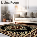 Ornate Black Gold Medallion Pattern Rug