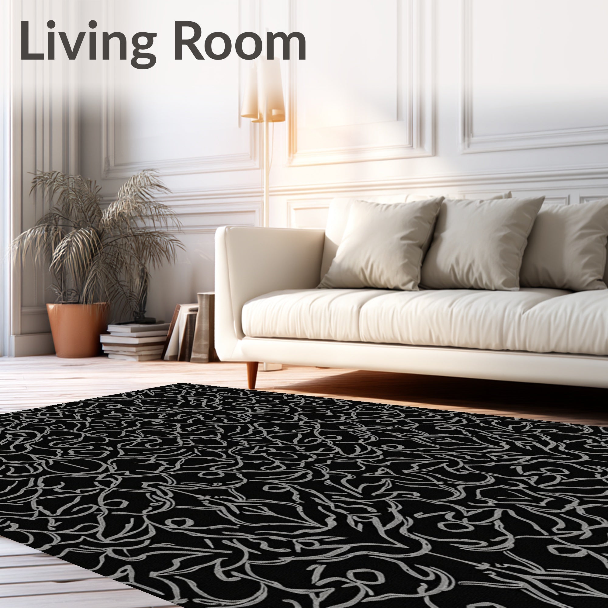 Ornate Grey and Black Damask Pattern Rug