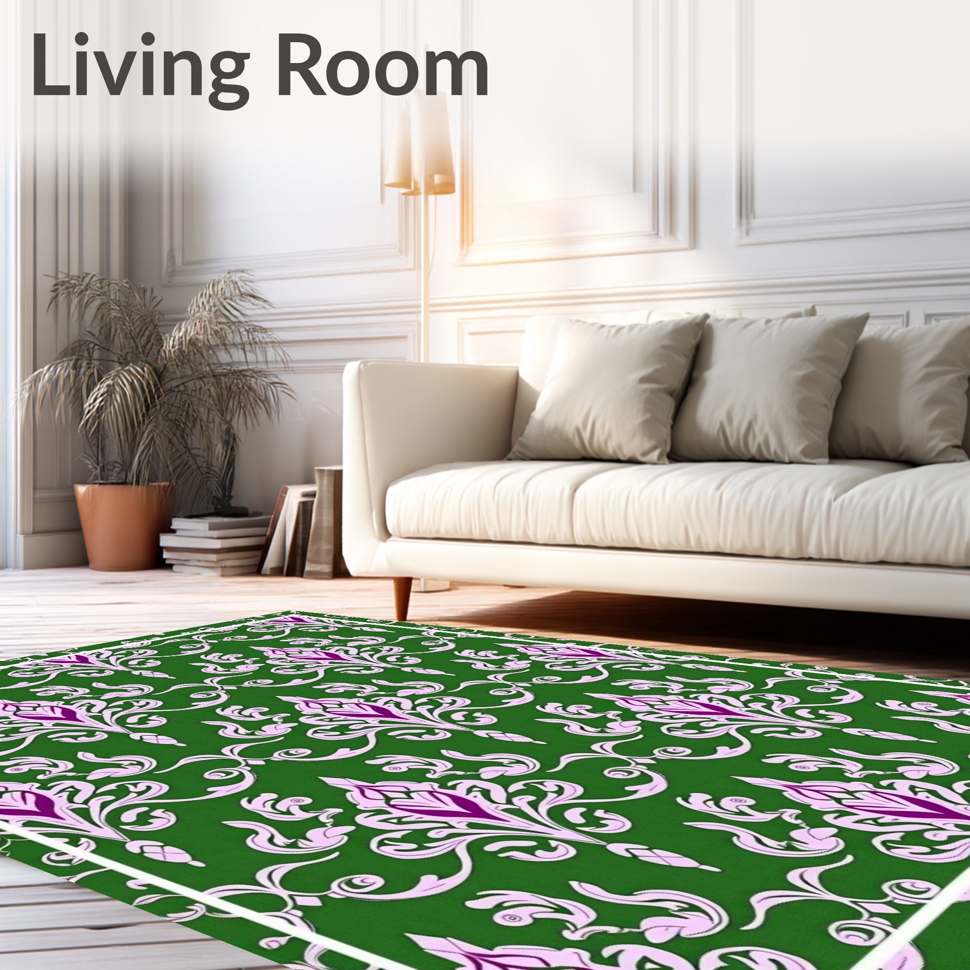 Green Damask Floral Pattern Rug