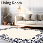 Ornate Dark Navy Floral Border Design Rug