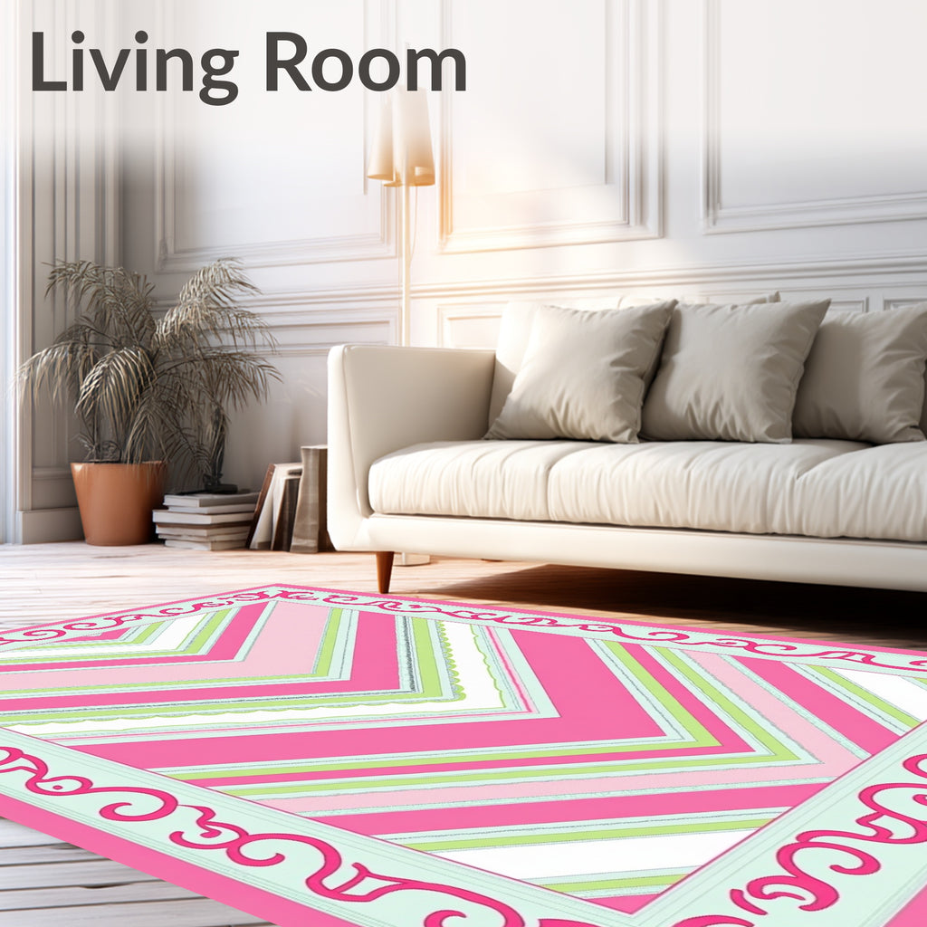 Pink Green Chevron Patterned Decorative Rug