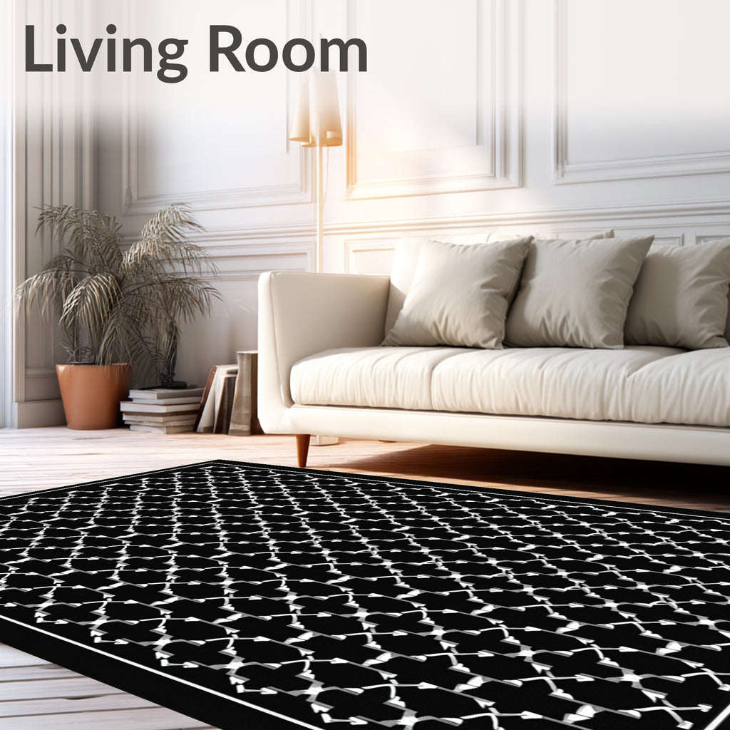 Classic Trellis Patterned Black White Rug