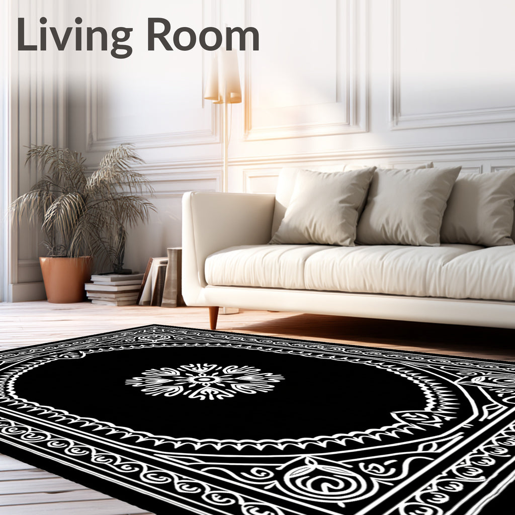 Ornate Floral Black White Design Rug