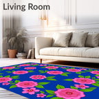Pink Floral Pattern On Blue Canvas Rug
