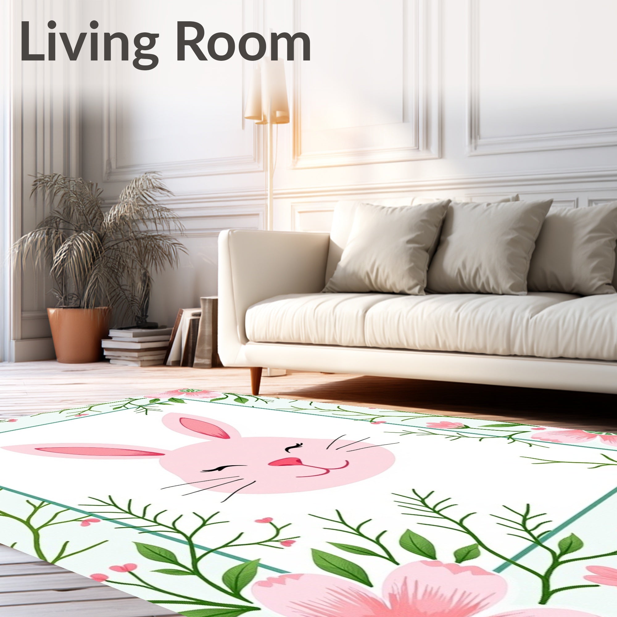 Pink Bunny Floral Spring Border Rug
