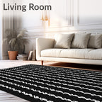 Black White Vertical Script Stripe Pattern Rug
