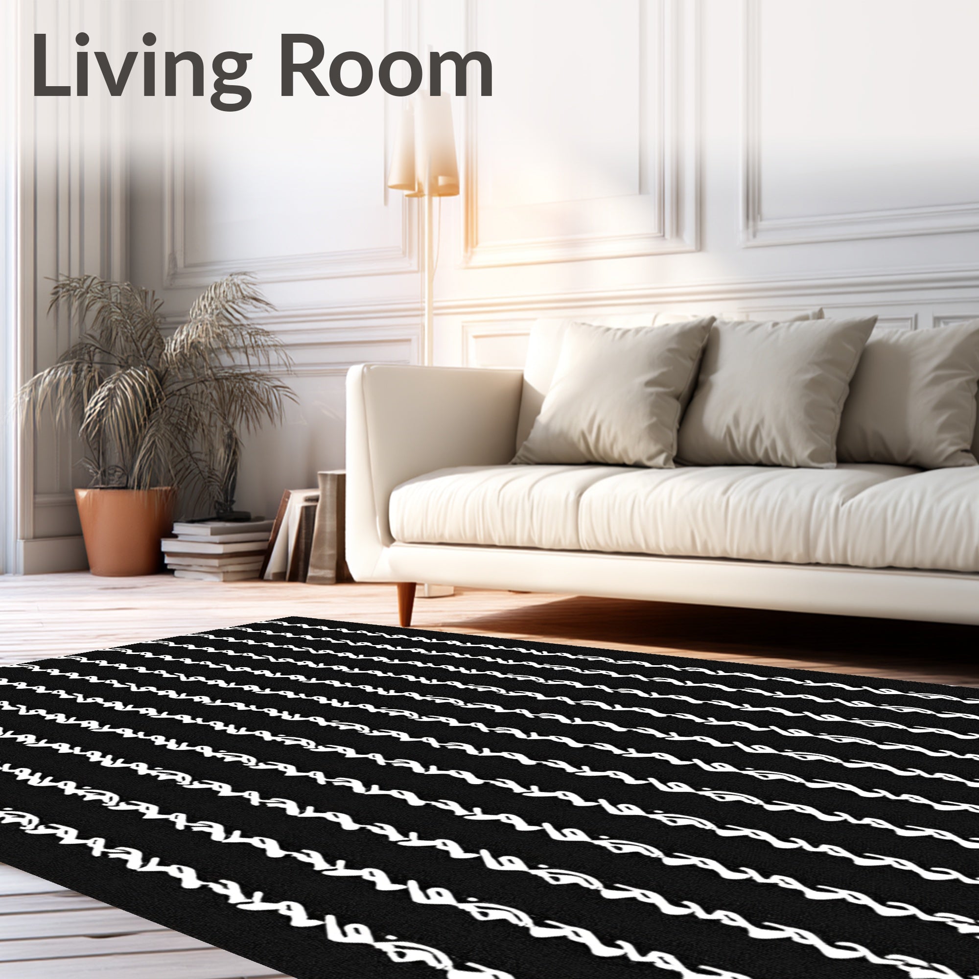 Black White Vertical Script Stripe Pattern Rug