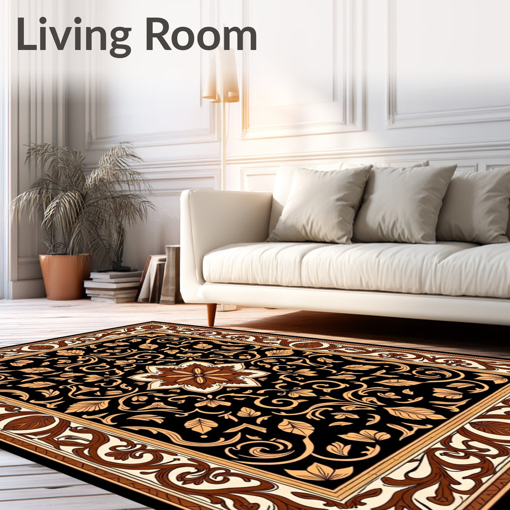 Ornate Floral Black Brown Statement Rug