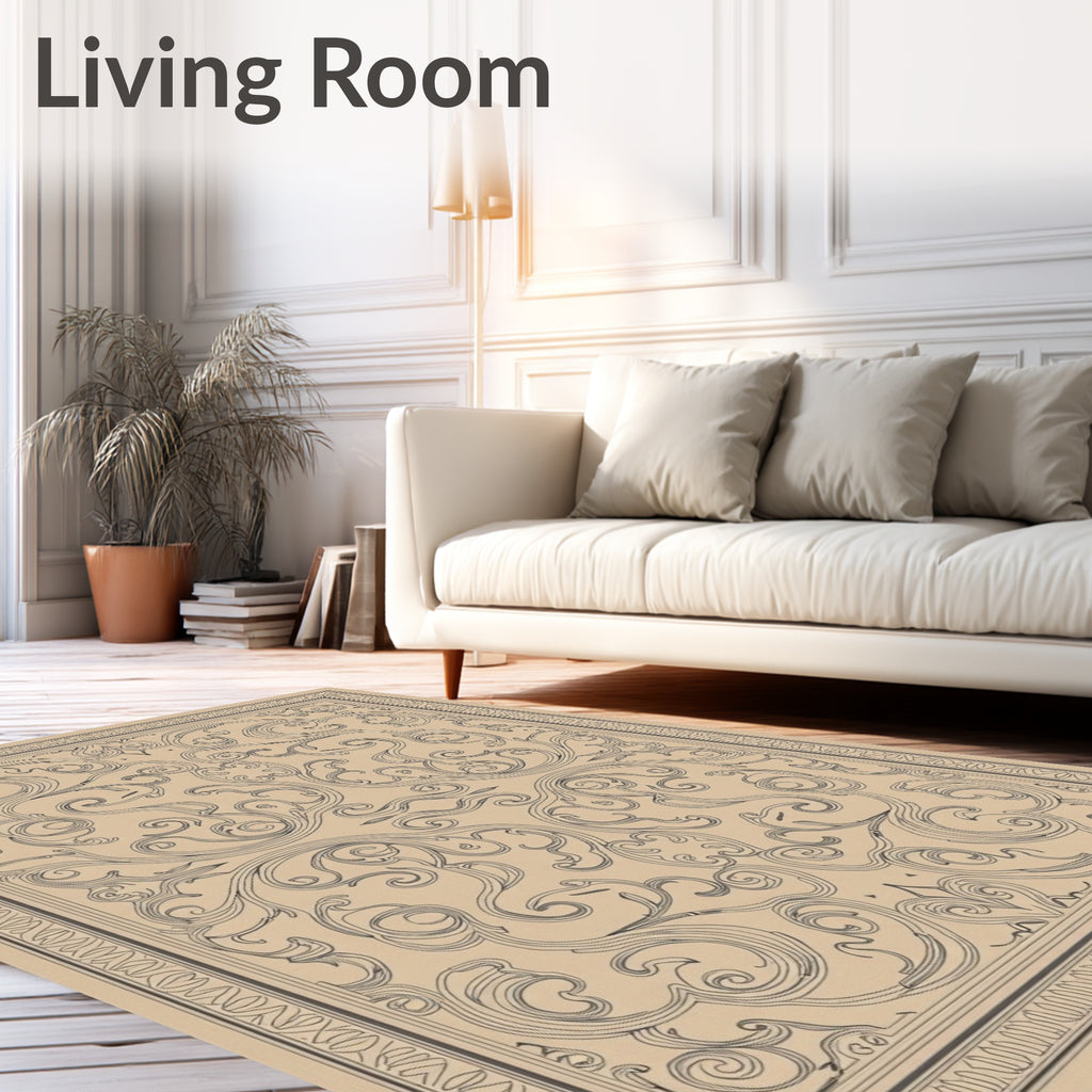 Elegant Scrollwork Patterned Natural Rug