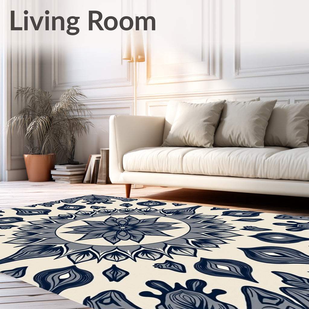 Floral Mandala Blue Cream Pattern Rug