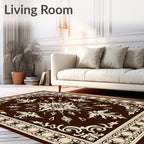 Rich Brown Cream Floral Scroll Border Rug