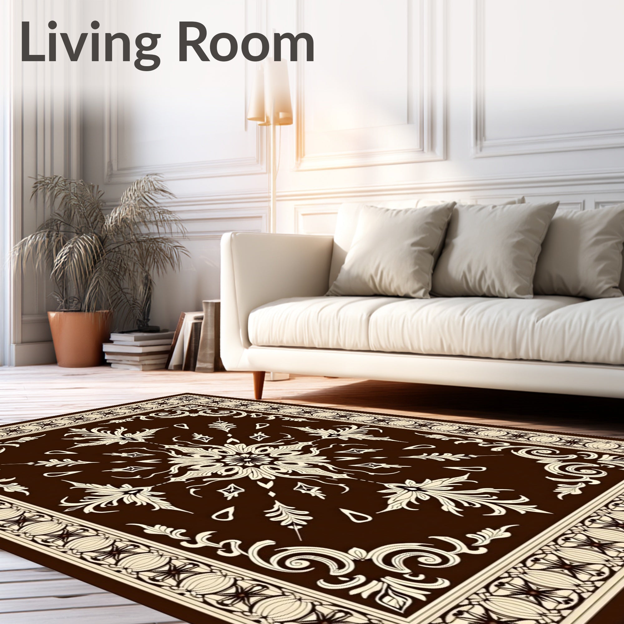 Rich Brown Cream Floral Scroll Border Rug